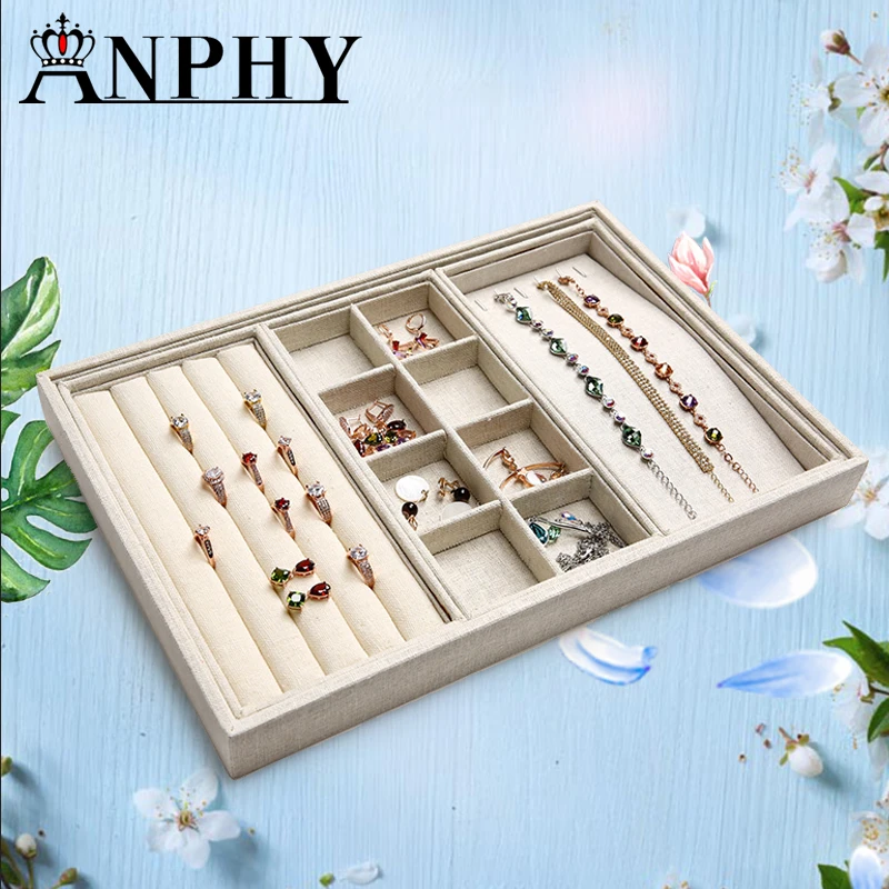 

ANFEI New Cream Linen Mixed Jewelry Display Tray For Ring Earrings Necklace Display Tray Pentand Display Organizer