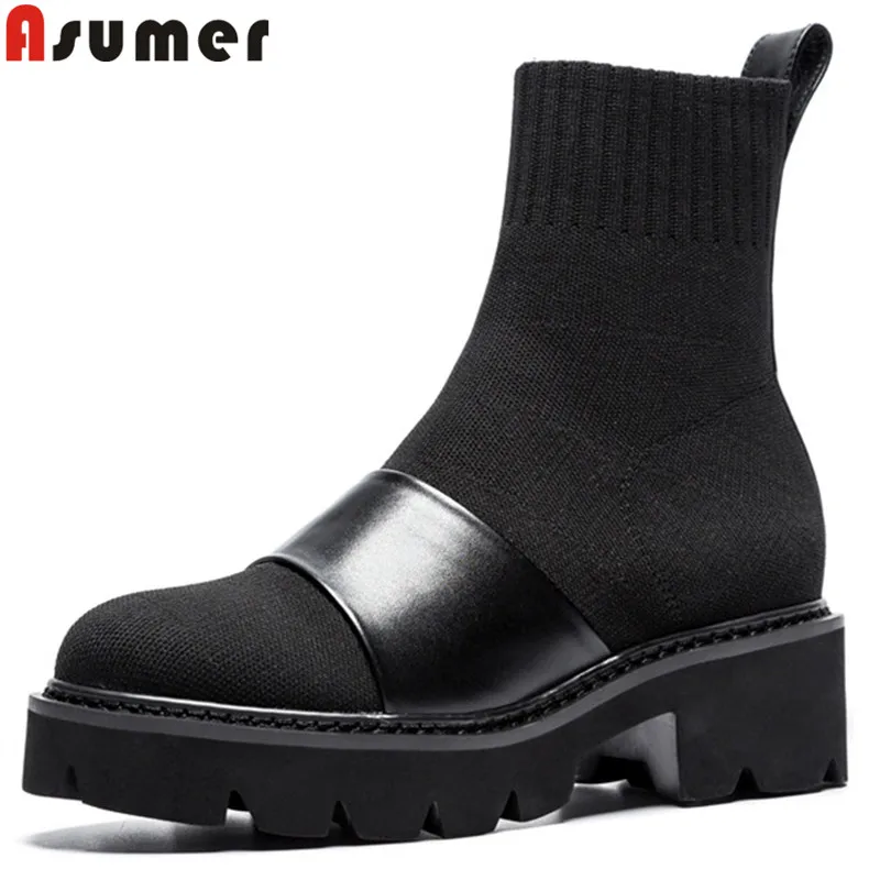 

ASUMER 2020 fashion autumn boots women round toe square heel ankle boots women knitting+cow leather boots platform