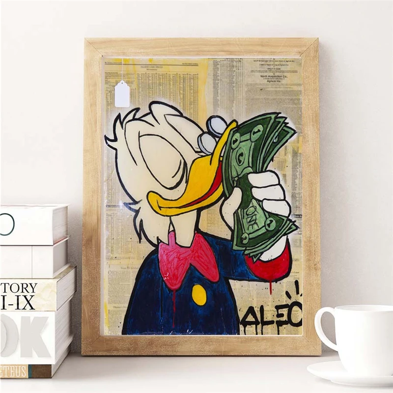 Monopolyingly Art Canvas Painting Street Artist Scrooge Mcduck Dollar Sign Statue Poster Wall Picture for Living Room No Frame