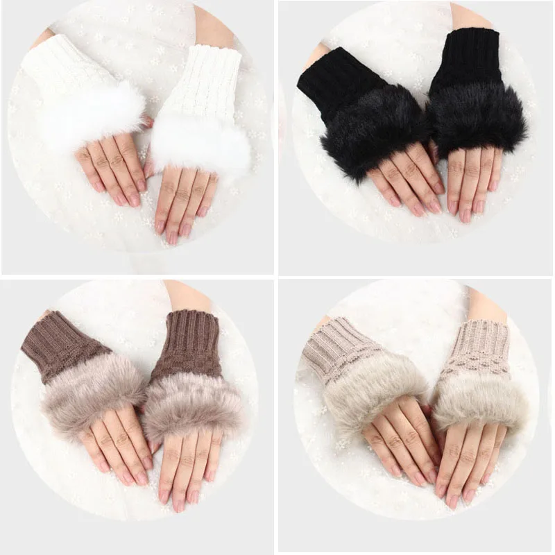 2022 Winter Women Gloves Warmer Stylish Gloves Knitting Faux Wool Mitten Fingerless Rabbit Fur Gloves Arm Wrist Gants Femme Gift