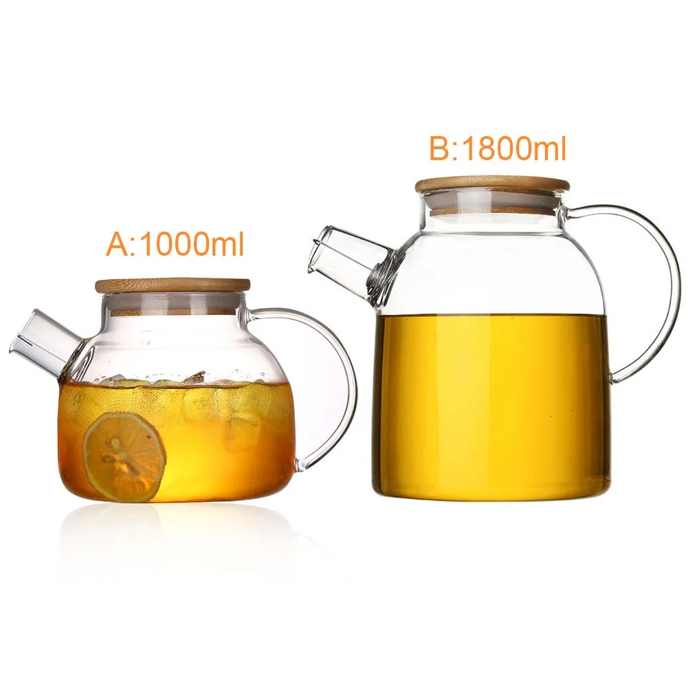 1000ml/1800ml Large Capacity Drinkware Glass Teapot Flower Tea Pot Kettle With Bamboo Lid Water Tea Pot High Quality