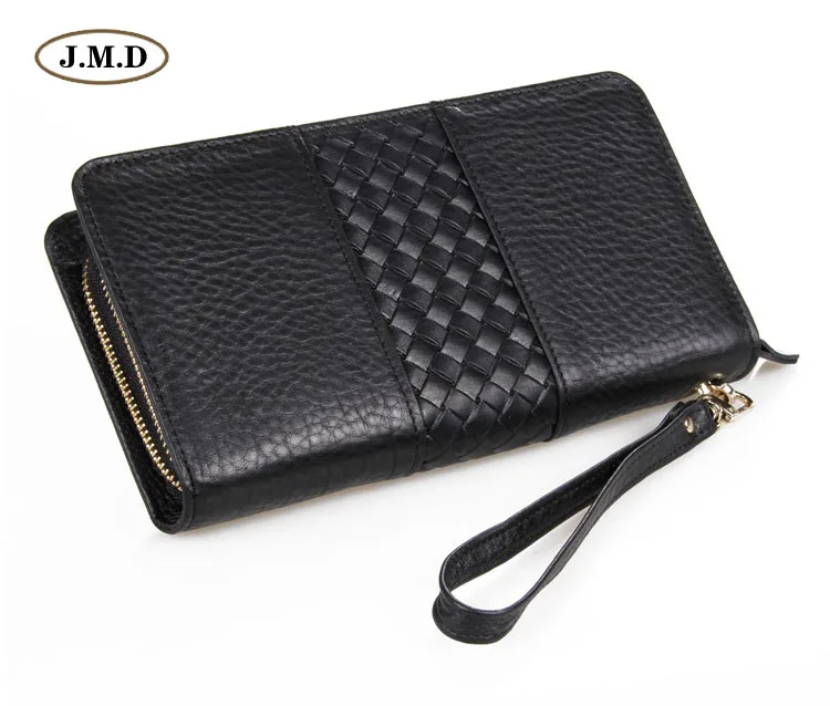 

J.M.D Genuine Leather Fashion Style Unisex Wallet Weave Pattern Clutch Bag Two Zipper Ways Closure Portable Purse 8070A/C