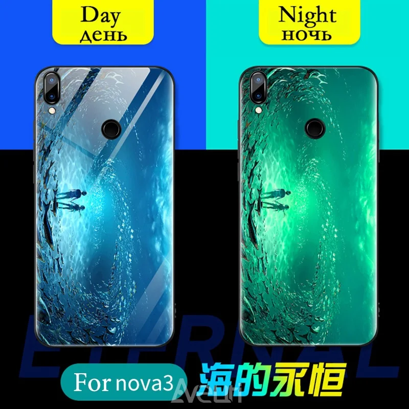 Роскошный светящийся стеклянный чехол для телефона huawei Nova 3 3i Y9 P Smart Plus, ударопрочный стеклянный чехол-накладка для huawei Honor 8C - Цвет: The sea