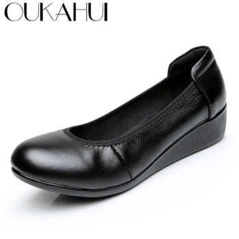 

OUKAHUI Summer Black Wedges Heel 4cm Ballet Flats Women Shoes Genuine Leather Silp-On Flat Work Office Shoes Women Comfortable