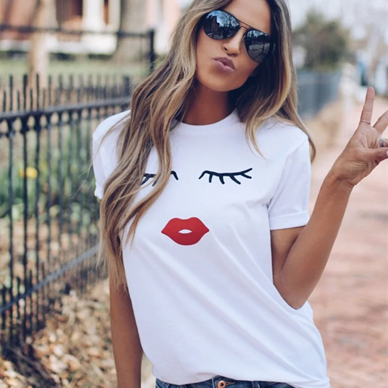 

Cute Red Lips Eyelash Printed White Women's T-shirt Funny Casual Short Sleeve Ladies T Shirt Plus Size Tops Female Clothing