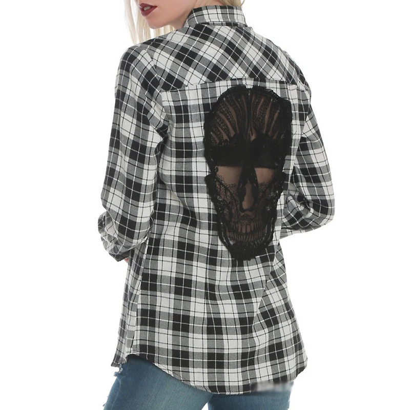 

Skull Back Hollow Out Women Blouses Shirts Long Sleeve Plaid Blouse Blusas Tops Chemise Plus Size 5xl Gary