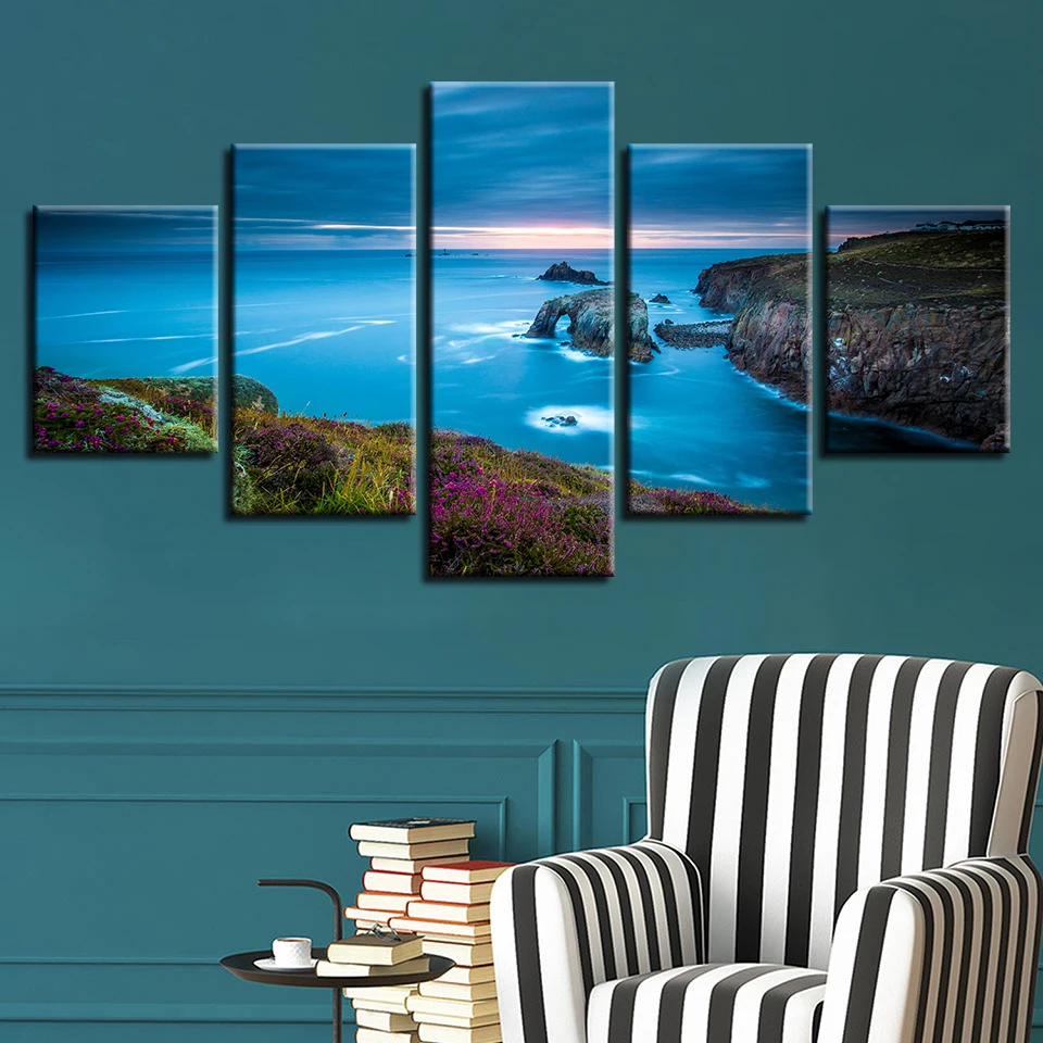 

Living Room Wall Printing HD Picture Art Decoration 5 Pieces Cliffs Blue Big Sea Landscape Canvas Poster Frame Modular Paintings