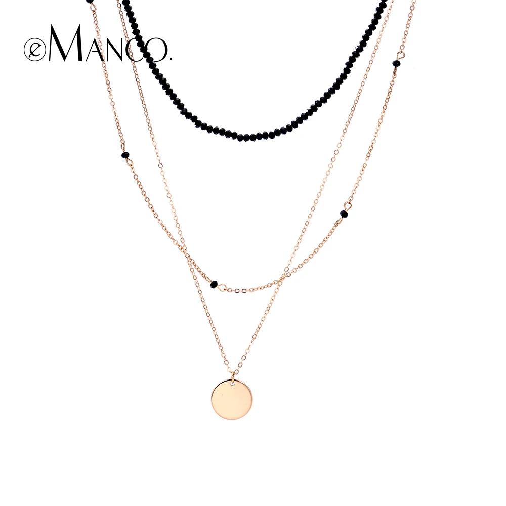e-Manco Charming Multilayer Choker Necklace Beaded Chain Necklace For Women Copper Gold Color Pendant Necklace Fashion Jewelry