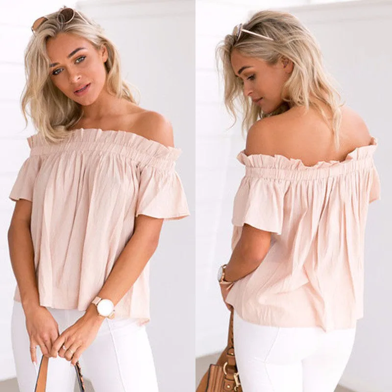 Off Shoulder Blouse Shirt Women Tops Ruffles Sexy Chiffon Blouse Elastic Collar Summer Top Chemise Femme Blusas04