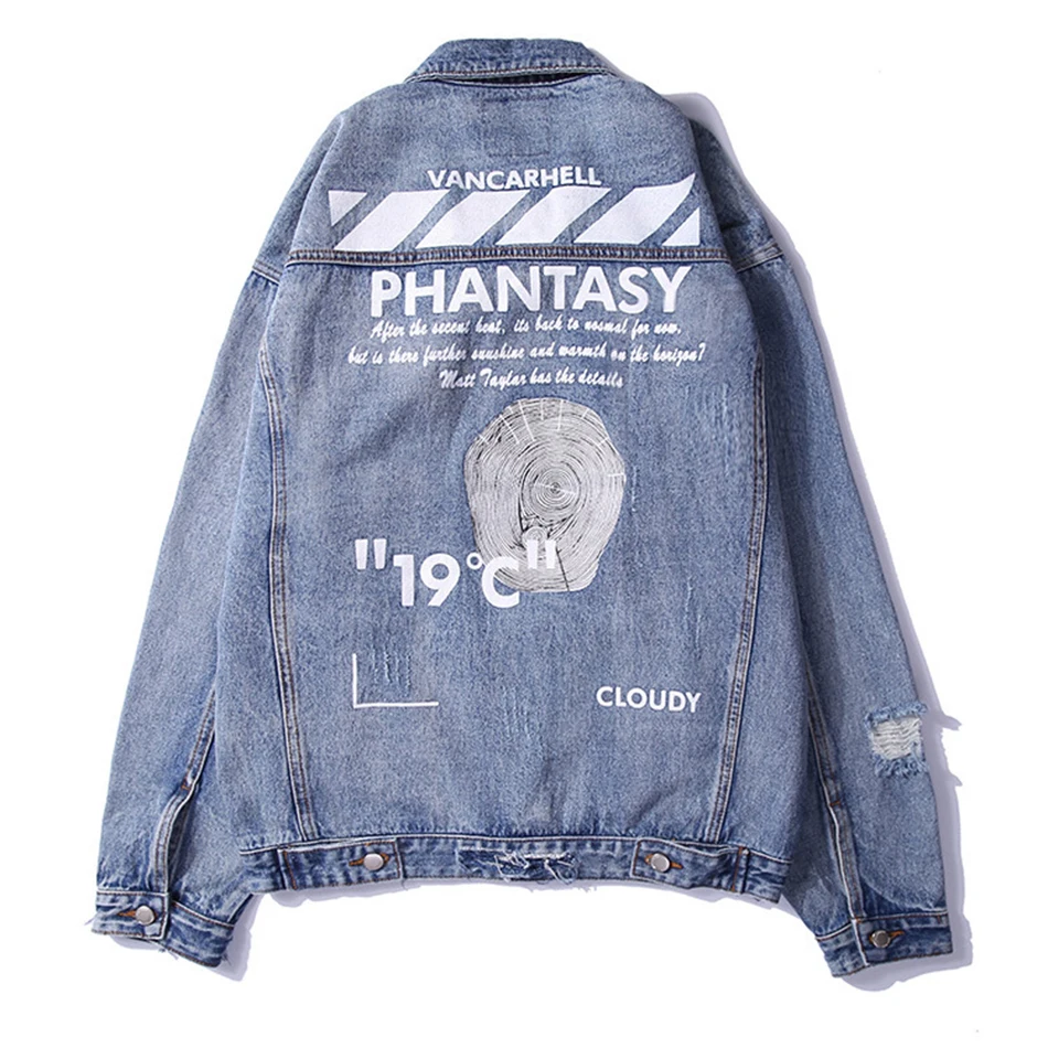 

Men's Jacket Plus Size Hole Letter Print Zipper Denim Streetwear Bomber Jacket Chaqueta Hombre Hip Hop Streetwear Jeans Jacket