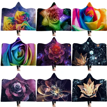 

Thicken Wearable Hooded Blanket 3D Flowers Series Printed Nap Blanket With Hat Office/Home Throw Bedding 150x200cm/130x150cm