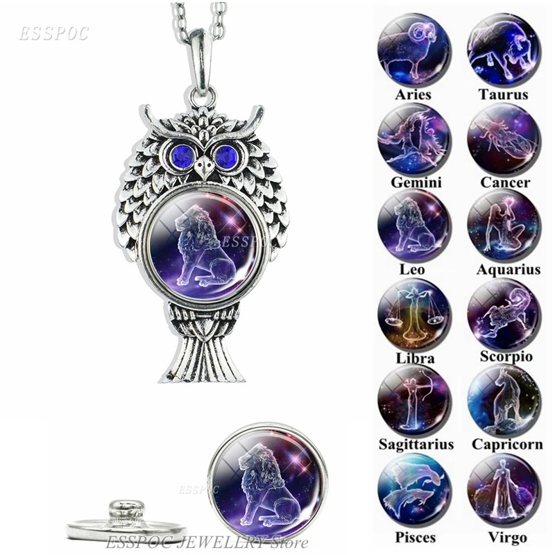 

12 Constellations Signs Button Glass Cabochon Jewelry Silver Pendant Cute Owl Shape Necklace Zodiac Birthdays Gifts for Women