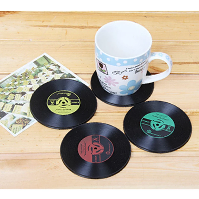 New 4pcs Vintage Vinyl Record Coasters Cup Pad Table Bar Drinks Mat Silicone