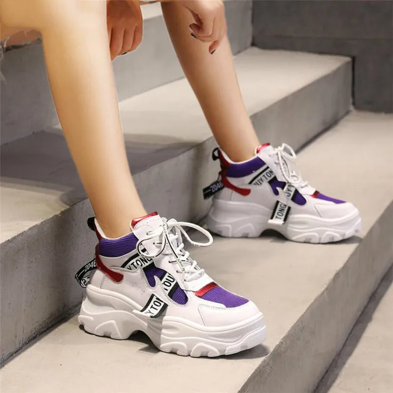 

LZJ 2019 Spring Leather Mesh Women's Platform Chunky Sneakers Fashion Women Flat Thick Sole Shoes Woman Dad Footwear S1161