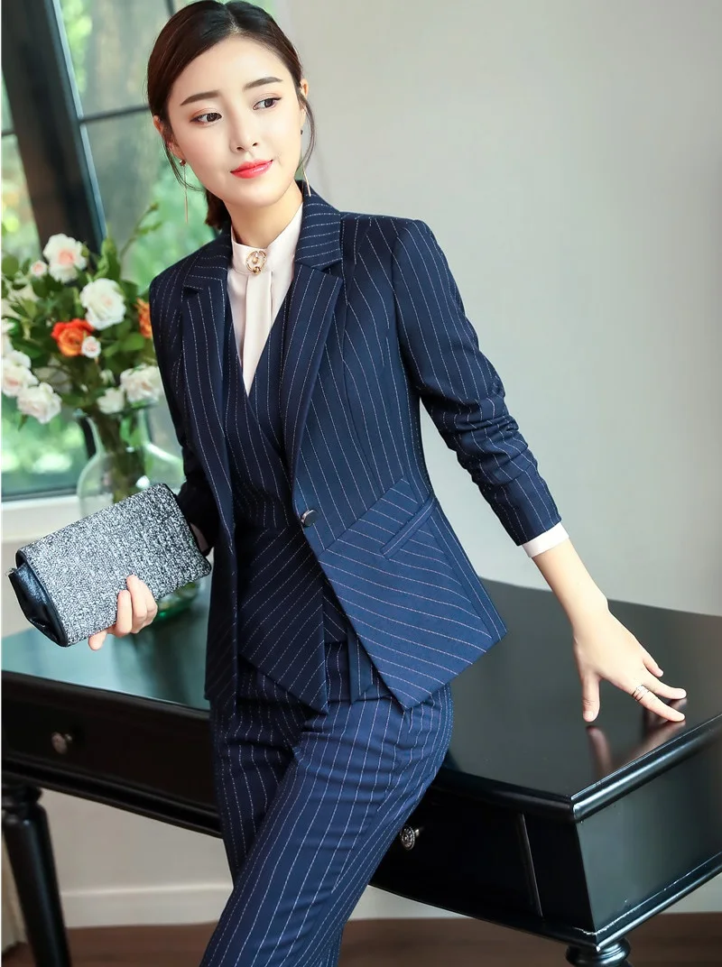 New Professional Striped Blazers Suits With Jackets And Pants And Vest Coat & Waistcoat And Blouses Women Pants Suits OL Styles