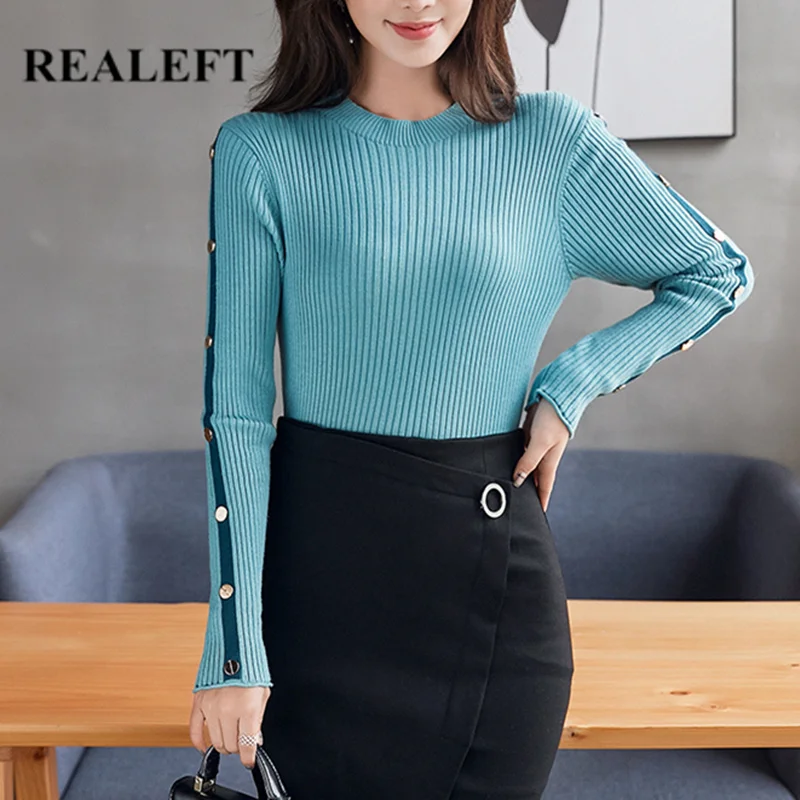 

REALEFT Autumn Winter Solid Basic Knitted Women O-Neck Sweater Long Sleeve Button Patchwork Green Pullovers Tops for Female