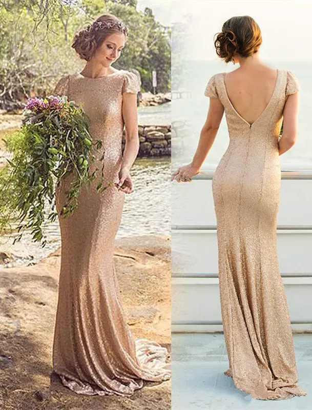 Rose Gold 2019 Cheap Bridesmaid Dresses Under 50 Mermaid Cap Sleeves Sequqins Long Wedding Party ...