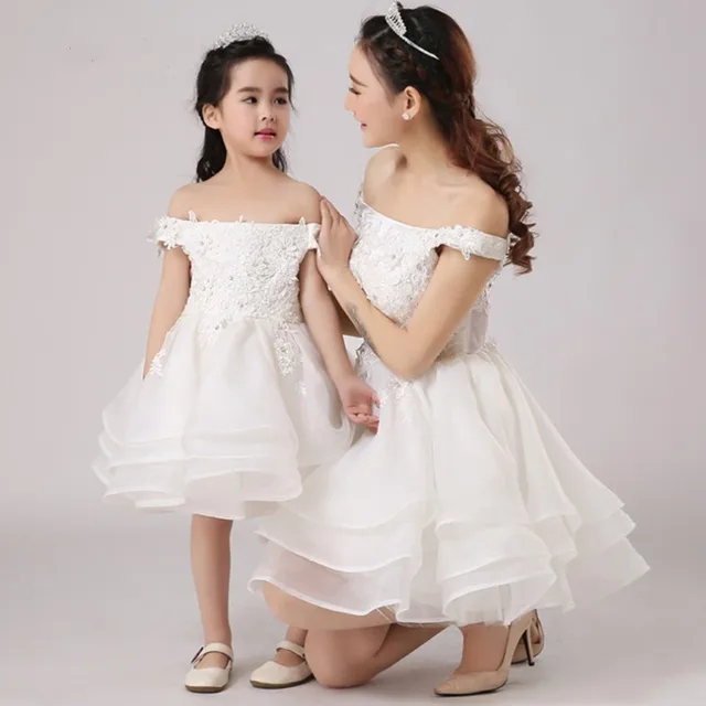 Women Kids Mother Daughter Wedding Dress Off Shoulder White Mom and Daughter Tutu Dress