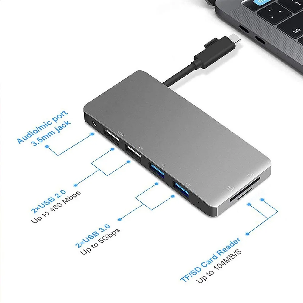 USB C концентратор адаптер с 3,5 мм разъем для наушников/2 USB 2,0/2 USB 3,0 порта/SD TF кард-ридер для MacBook Pro для Galaxy S9/S8