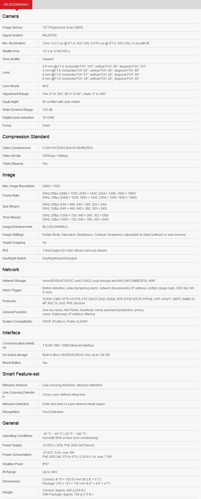 DS-2CD2043G0-I Specifications