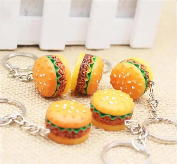

New design cute resin hamburger keychain key ring for unisex children personality gift realistic hamburger key chain jewelry