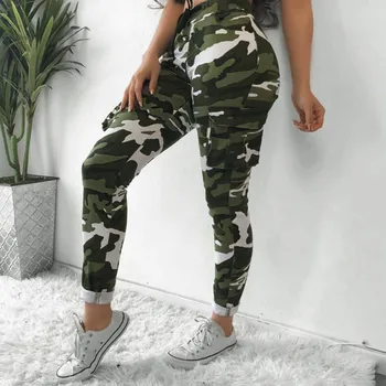

2019 Women Pants Elastic Drawstring Camouflage Printed Loose Straight Long Trousers