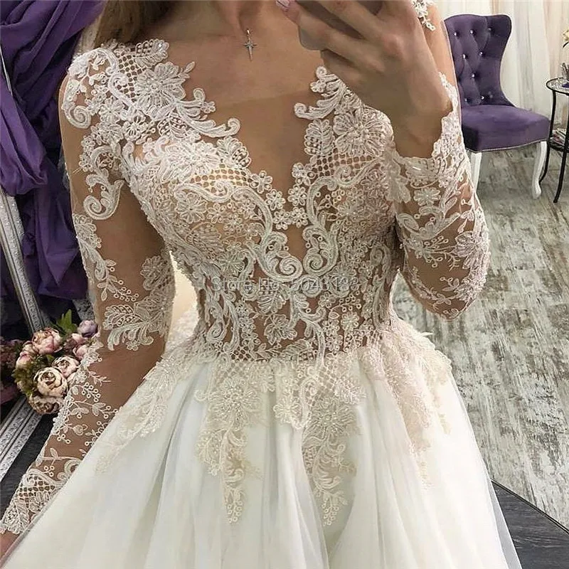 US $98.00 Luxury Long Sleeves ALine Tulle Wedding Dresses 2021 Romantic Lace Appliques V Neck Formal Vestido De Noiva Sexy Bridal Gowns