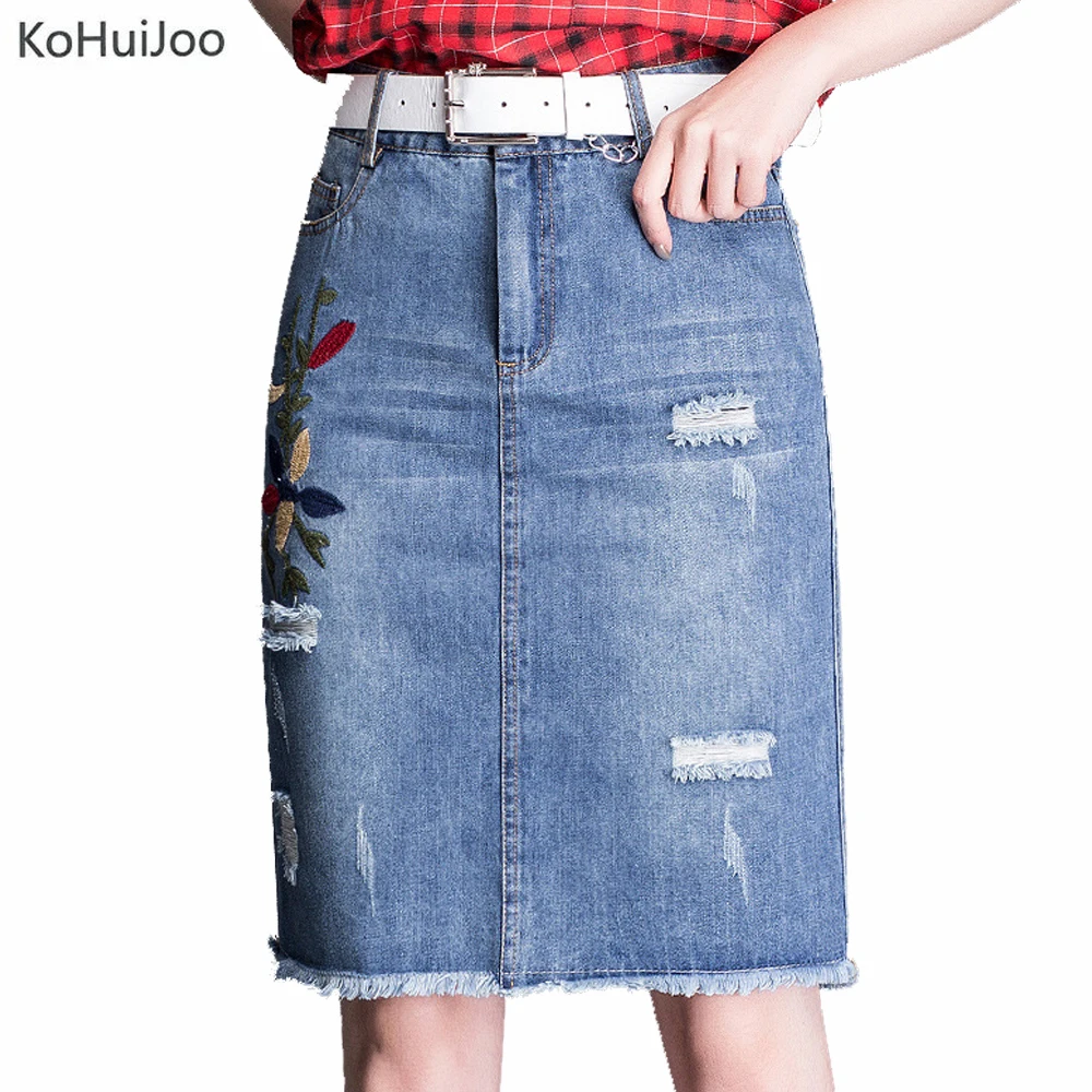 

KoHuiJoo Women High Waist Jeans Skirt 2019 Casual Korean Ripped Floral Embroidered Denim Skirt Female with Sashes