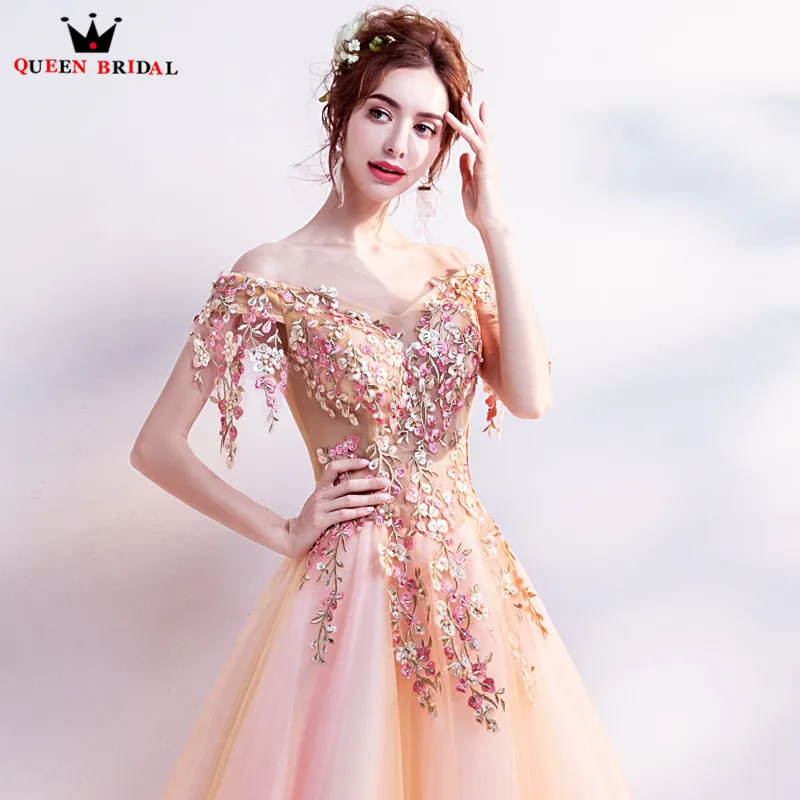 A-line Tulle Lace Flowers Appliques Long Prom Party Dresses Vestido De Festa LS32