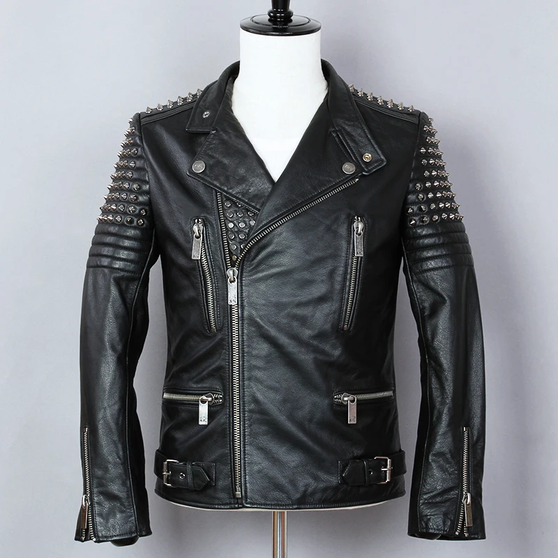 2018 Fashion Punk Style Metal Rivet Motorcycle Jacket Men Cowskin