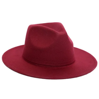 Осень Зима с широкими полями Fedora Мужская коричневая джазовая шляпа с Плоскими Полями Фетровая шапка Трилби котелок из шерсти шапки для женщин еврейская шляпа - Цвет: Wine Red