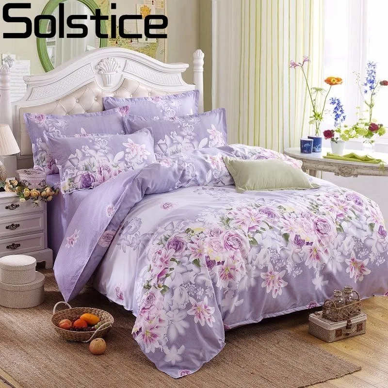  Solstice Purple Pastoral Flowers Style 4pcs Bedding Set Cotton Bed Cover Bed Sheet Duvet Cover Pill