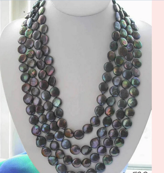 

FREE SHIPPING * z2957 Charming 100" 14mm black coin freshwater pearl necklace AAA