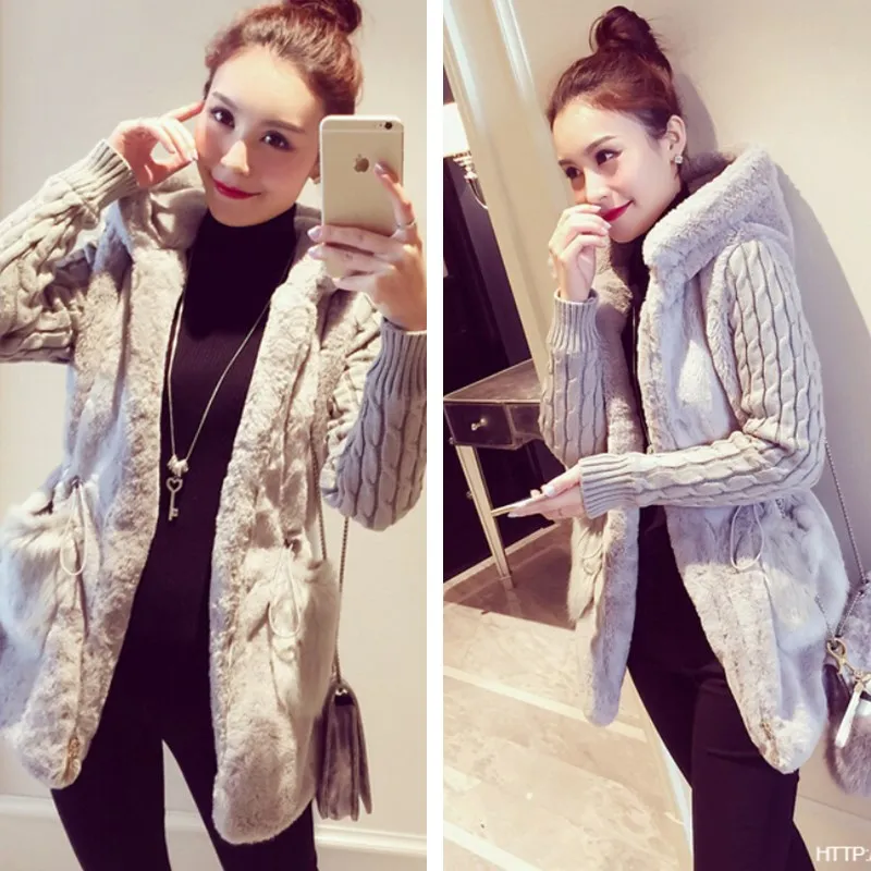 

JRNNORV 2018 New Fashion Winter Jacket Women Warm Plush Splice Knitted Sleeves Hooded With Pocket Jacket Coat Outwear BA0335
