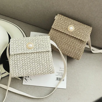 

Women Ladies Straw Beach Shoulder Bag Round Fluffy Woven Holiday Tote Pearl Handbag