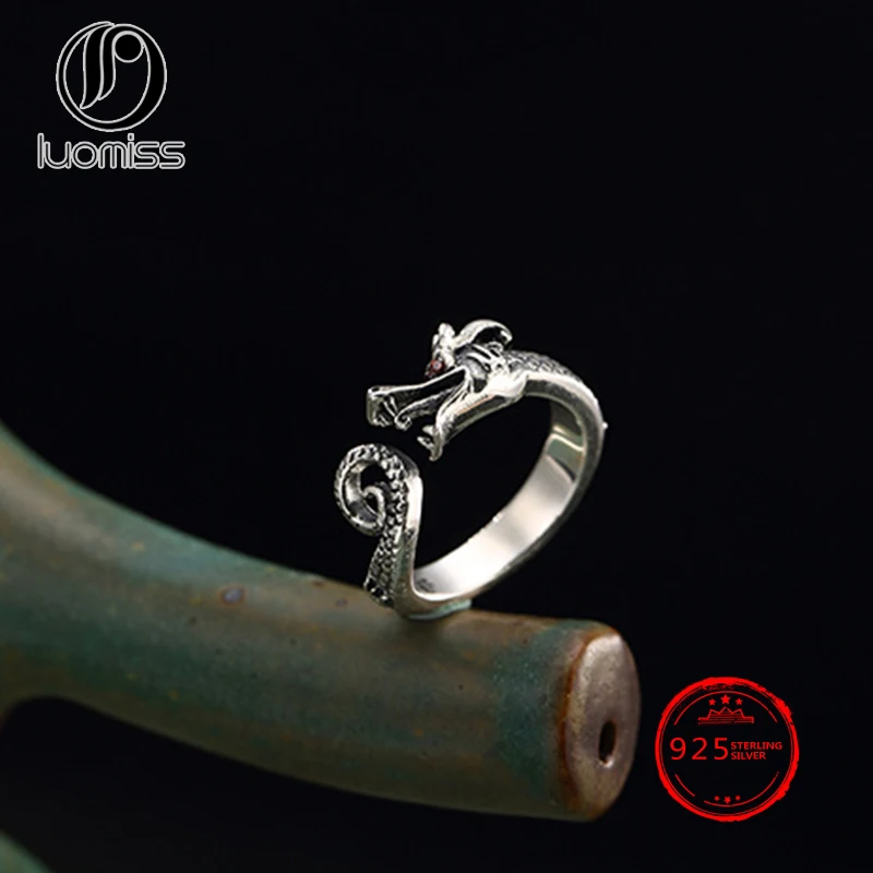 

100% S925 Sterling Silver Punk Exaggerated Animal Rings for Men and Women Vintage Retro Dragon Adjustable Ring Jewelry