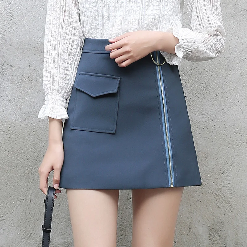 Yichaoyiliang Blue A line Mini Skirts Fashion Metal Ring Front Pocket