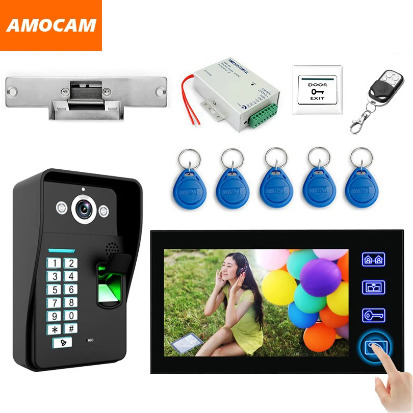 

7" LCD monitor Video Door Phone Intercom Doorbell System Fingerprint/ RFID card/ remote/Exit Button /Strike Lock video Doorphone