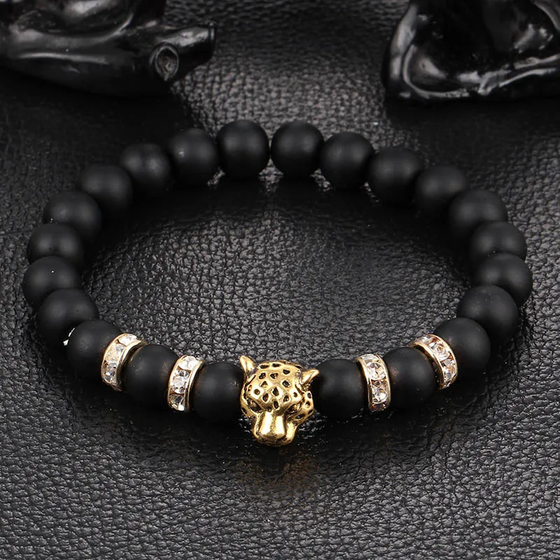 Mibrow 8 мм природными камнями браслет для Для мужчин Для женщин модные головы леопарда с кристально очарование бисером браслет Для мужчин ювелирные изделия