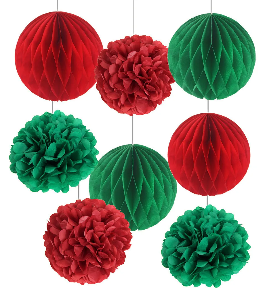Упаковка из 8 шт. рождественские украшения красный/зеленый/белый вафельные шары помпоны цветок Рождество украшения дома Вечерние