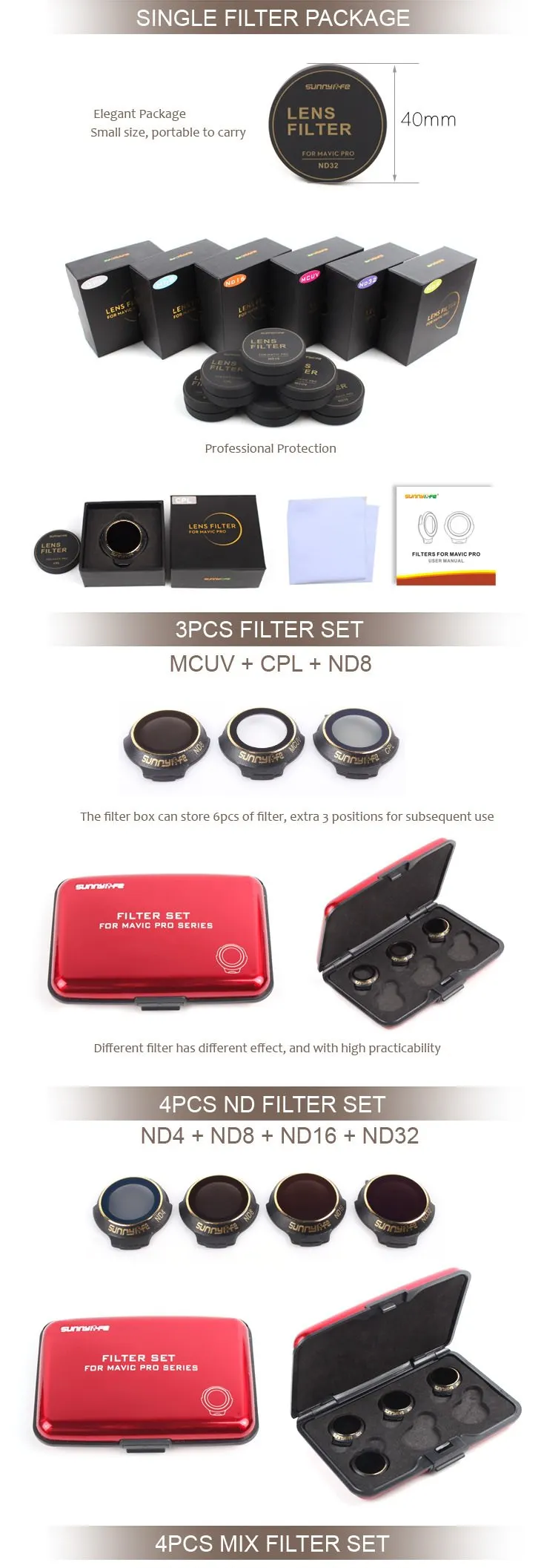 Sunnylife 3/4 шт. набор фильтров для объектива UV MCUV CPL ND ND4 ND8 ND16 ND32 для DJI Mavic Pro Аксессуары для камеры