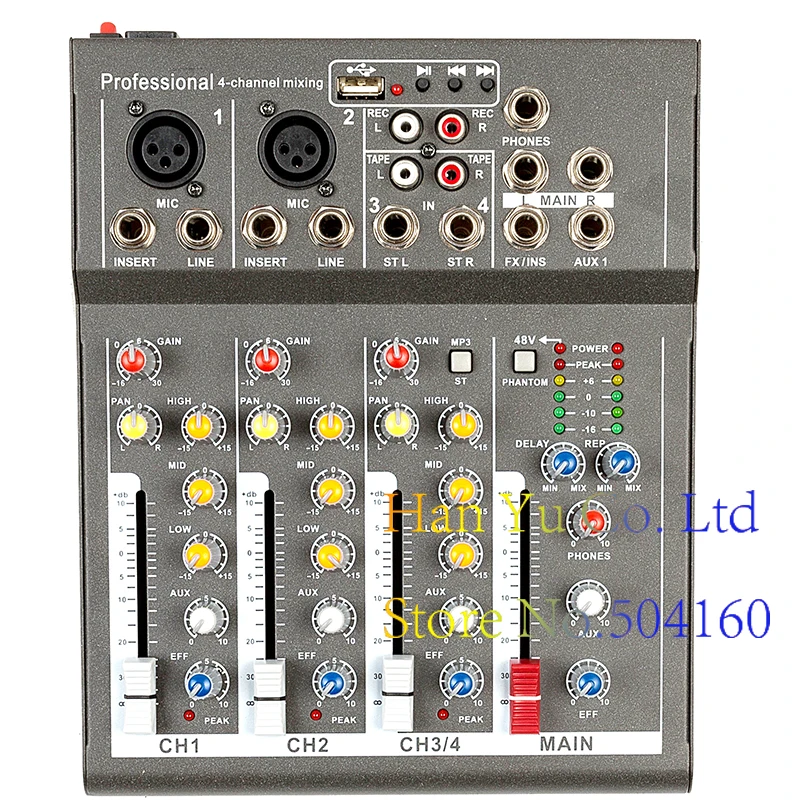 

Mini Karaoke Audio Mixer Amplifier Professional Microphone Mixing Sound Console 4 Channel With USB 48V Phantom Power