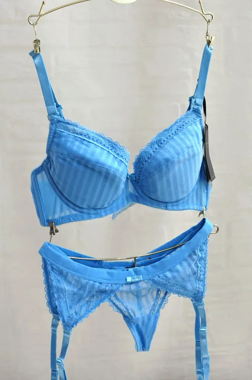 

Blue comfortable push up 3 piece set underwear sexy bra with gauze insert thin cup stripe bra set