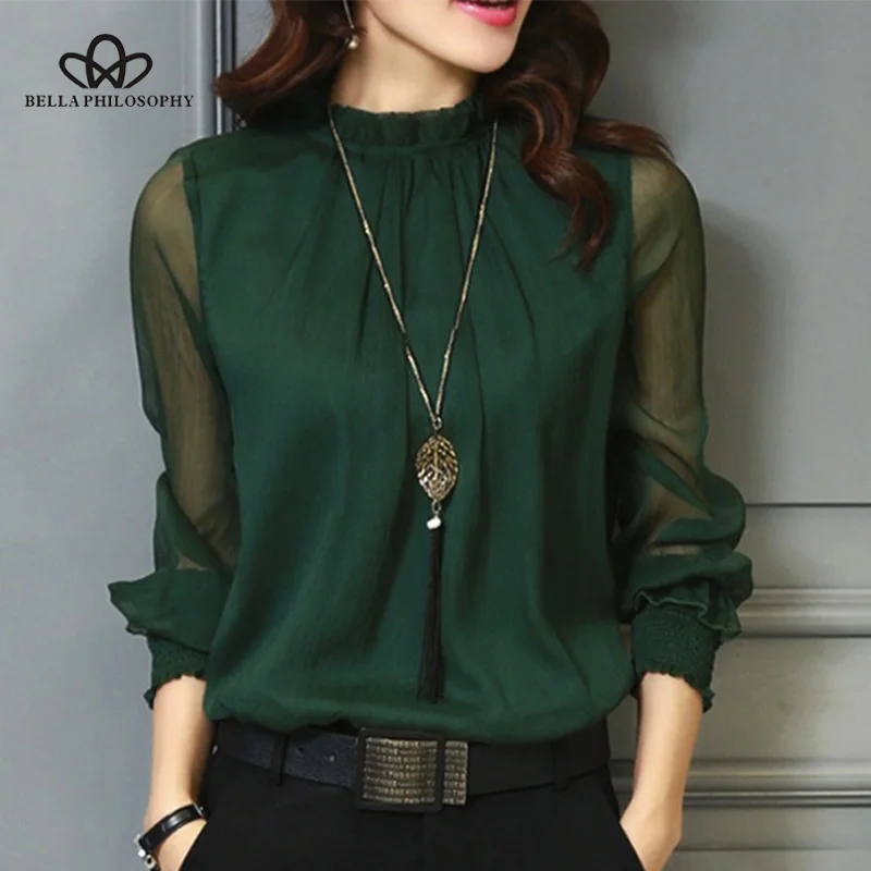 Wonder 2019 new spring Chiffon Blouse New Women Tops Long Sleeve Stand Neck Work Wear Shirts Blouses Casual Solid ColorM-XXL