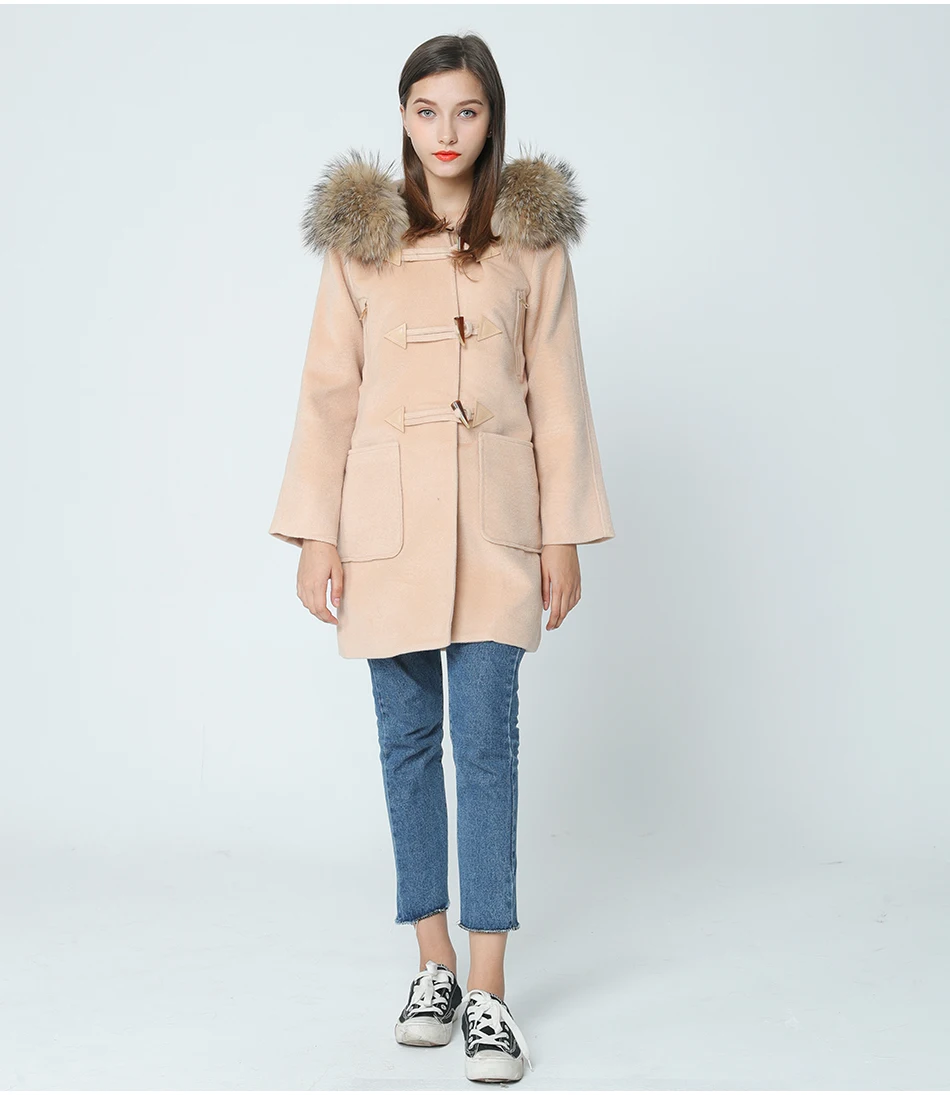 Осенне-зимнее женское пальто новые шерстяные плотные пальто с роговыми пуговицами с натуральным мехом енота с капюшоном casaco feminino