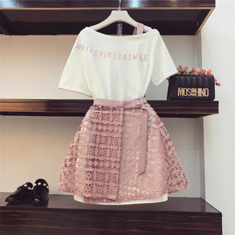 

2019 Spring Summer Women Fashion 2 Piece Suit Slash Collar Off Shoulder Long T Shirt & Hollow Out Lace Skirt Suits Skirts Set