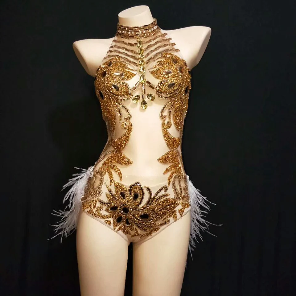 

Sparkly Gold Silver Rhinestone Bodysuit Women Sexy See Trough Feather Tail Birthday Party Nightclub Singer Dance Stage costume