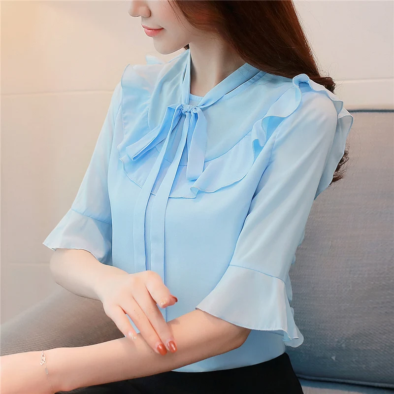 

Korean Fashion Chiffon Women Blouses Ruffles Flare Sleeve White Women Shirts Plus Size Blusas Femininas Elegante