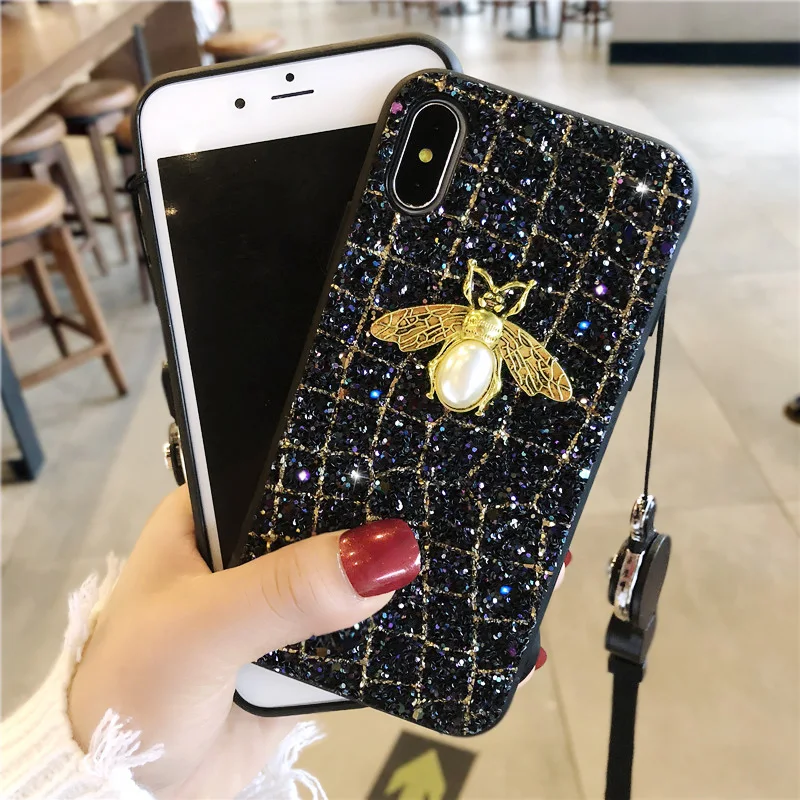 

Luxury Metal 3D Metallic Pearl Bee Bling Glitter Phone Case for iphone 7 Case New Fashion Cover for iPhone X 8 7 Plus 6 6s Coque