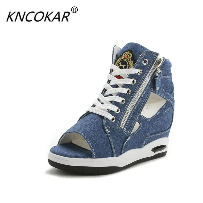 

KNCOKAR Denim casual shoes woman 2018 spring summer fish toe wedge canvas shoes female leisure sandals zapatillas side zipper